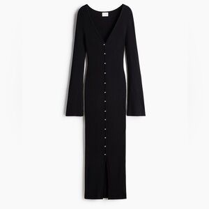 H&M black ribbed-knit button-front dress with long trumpet sleeves